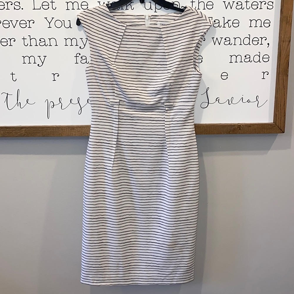 Calvin Klein Dress grey and white striped. Belt missing. Excellent condition.